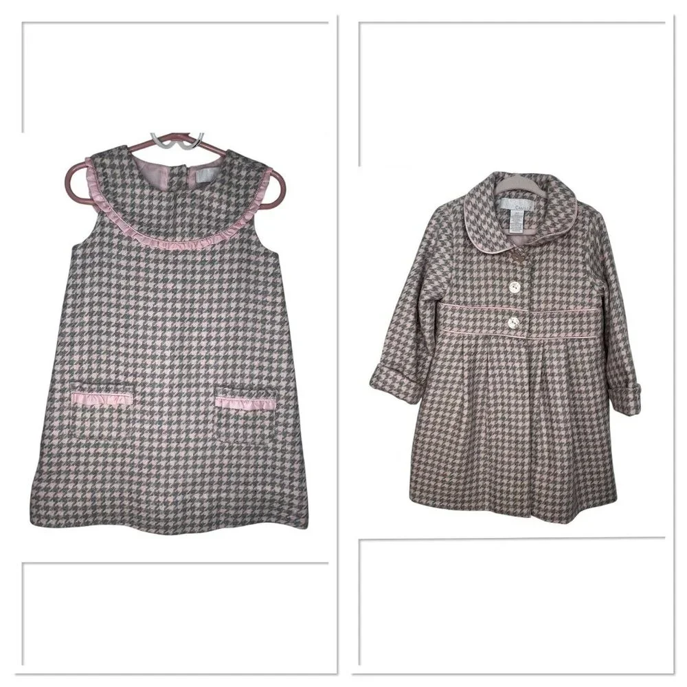 CAMILLA GIRLS BABY PINK GRAY WOOL‎ BLEND HOUNDSTOOTH DRESS AND JACKET SIZE 4T